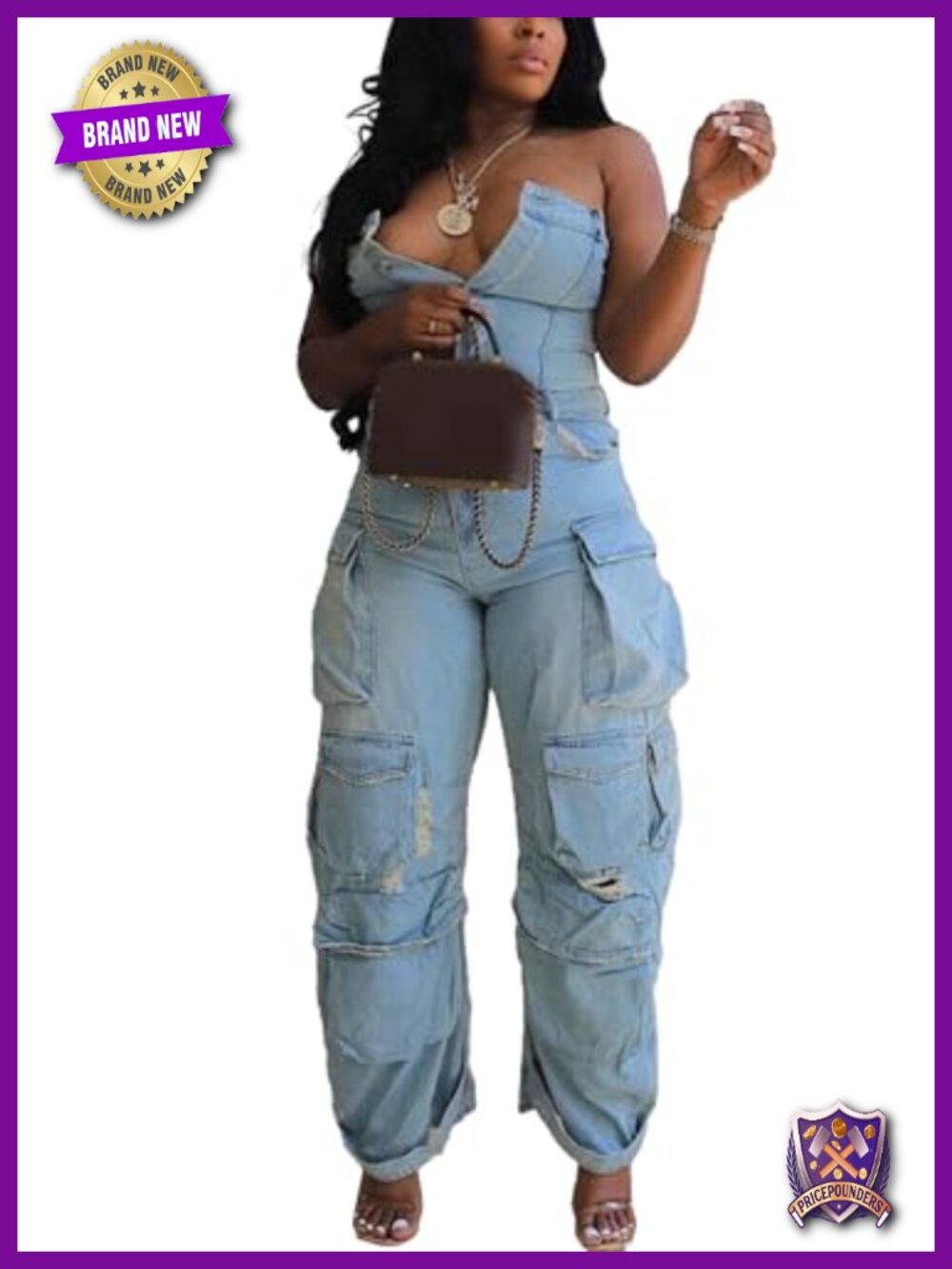 Sleeveless Denim Cargo Jumpsuit Strapless Tube Top Wide Leg Ankle Length